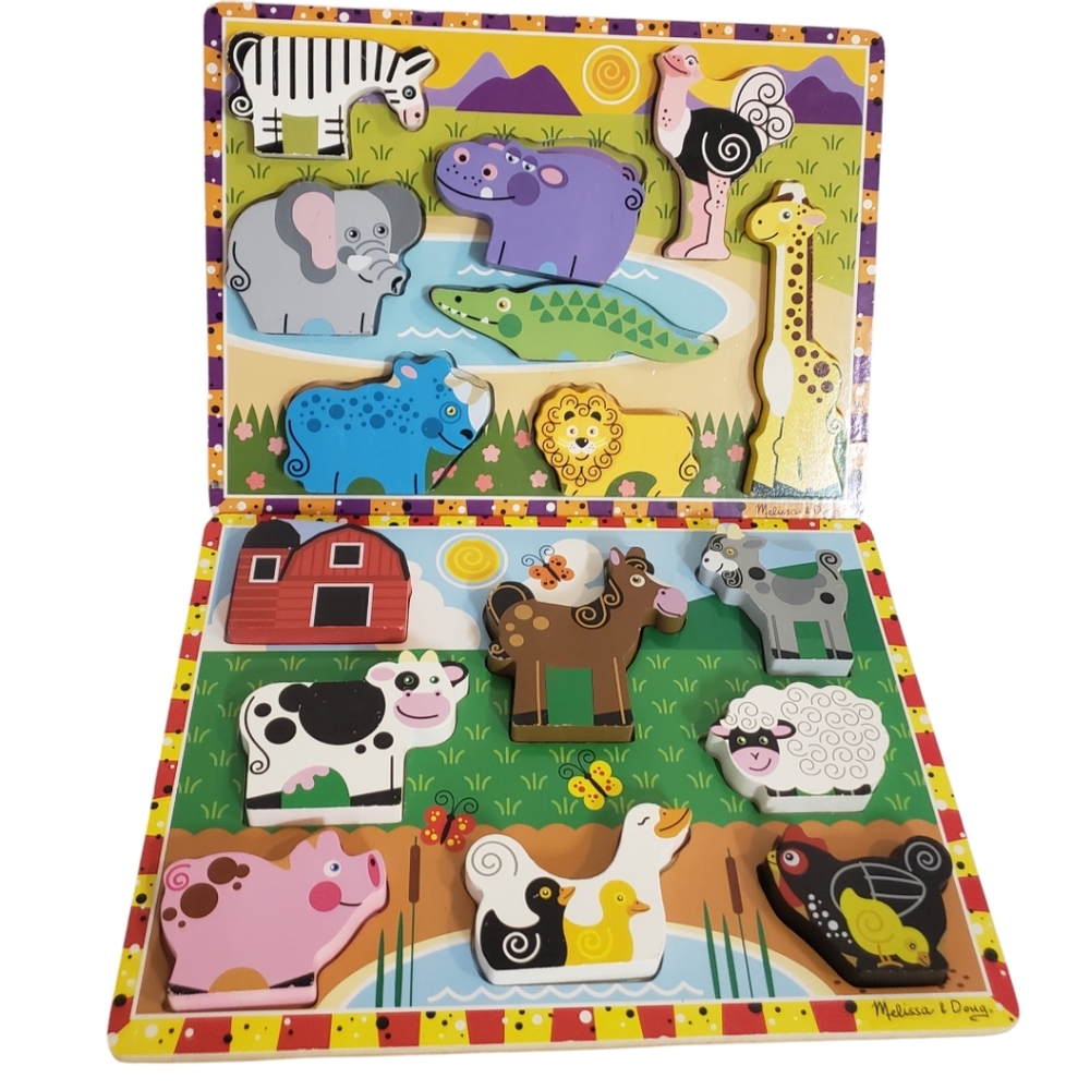 Set of 2 Chunky Wooden Melissa and Doug Farm Animals Safari Animals Puzzles